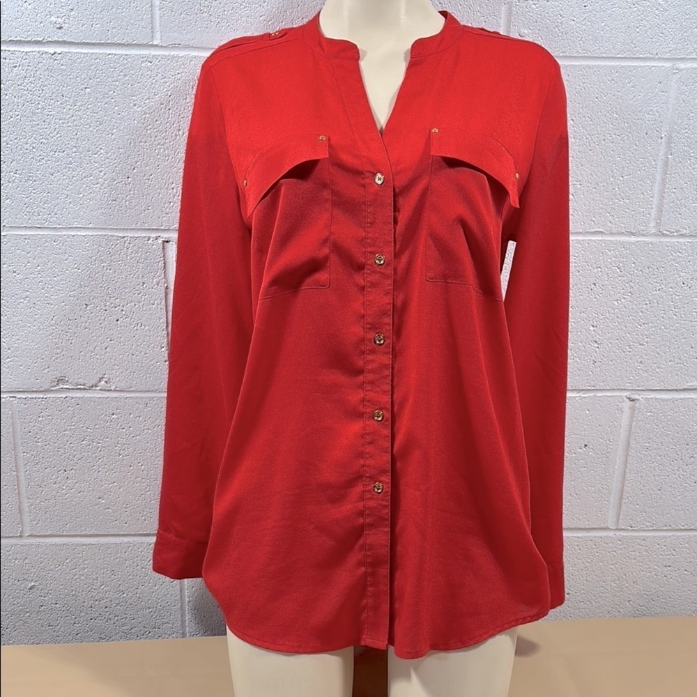 Calvin Klein Red Long Sleeve V-Neck Button Down Shirt​​​​​